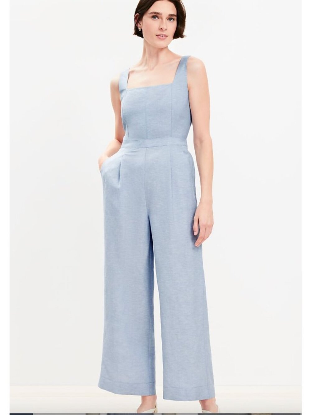 LOFT Linen Blend Square Neck Jumpsuit Womens Size 14 Sleeveless Smocked Back